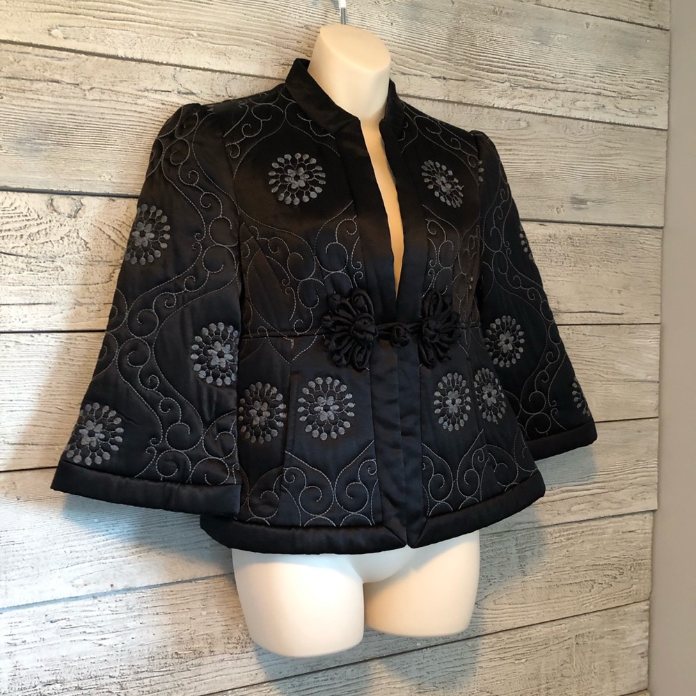 Nanette Lepore Black Embroidered Kimono Jacket Blazer Puffer Size 6
